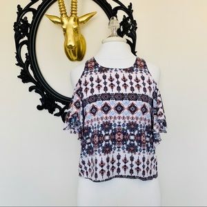 Others Follow Cold Shoulder Navy, Peach and Light Blue Printed Top